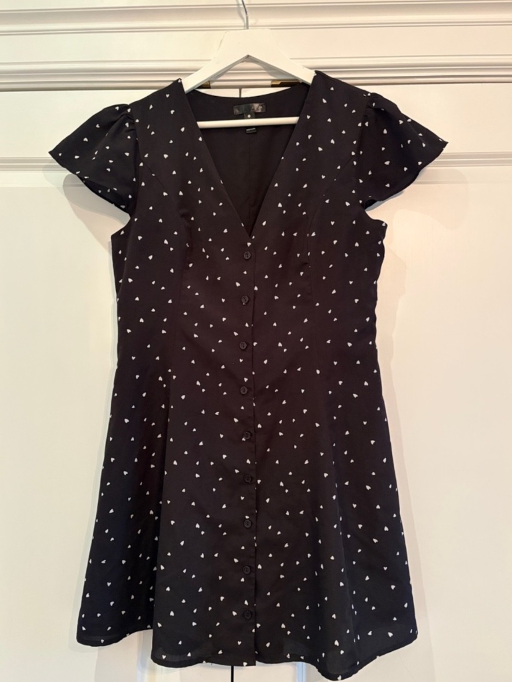 Black Cap Sleeve Mini Dress with Small White Hearts